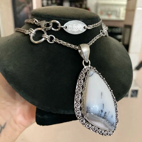 925 sterling silver overlay white grey agate gemstone charm boho stone necklace - Picture 14 of 14